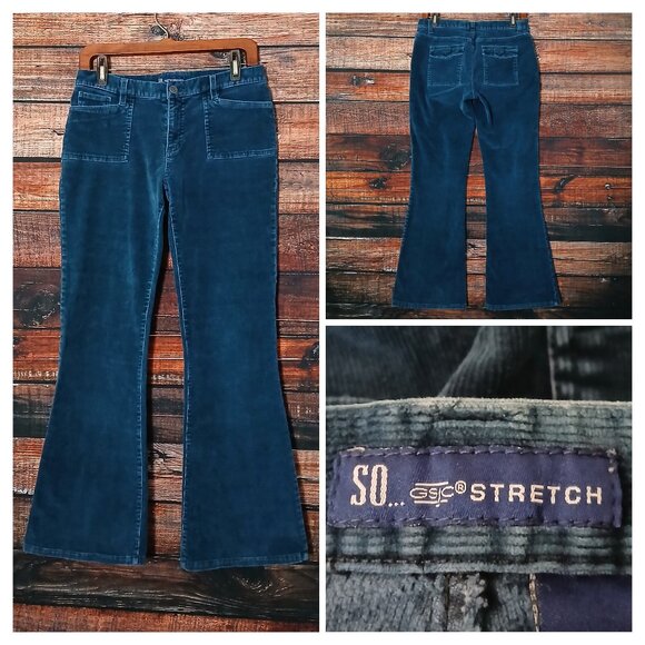 SO GSJC Pants Size 9 Y2K Teal Corduroy Flared Patch Pockets Stretch - Picture 1 of 9